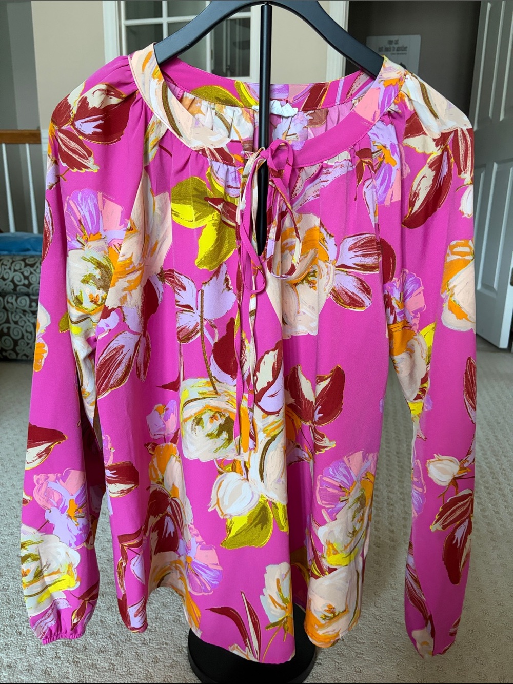 Bright Pink Floral Tie-Neck Blouse
